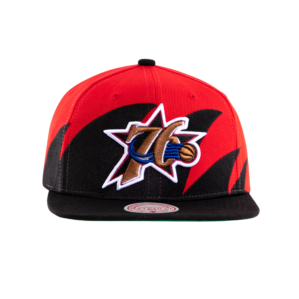 Gorro Jockey snapback mitchell and ness philadelphia 76ers visera plana fire rojo negro